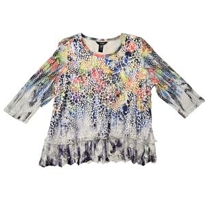 Ali Miles Tunic Top Women 2X Abstract Lace Hem Artsy Flowy Mature Boho Lagenlook